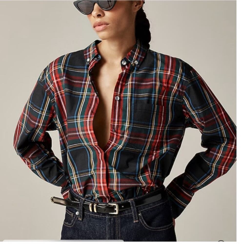 J.Crew Womens 2 Embellished Garçon Button Up Shirt Stewart Tartan Cotton Poplin